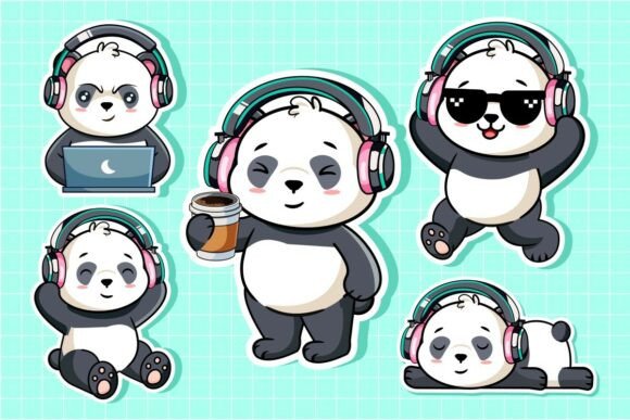 Panda Wearing Headphones Sticker Set